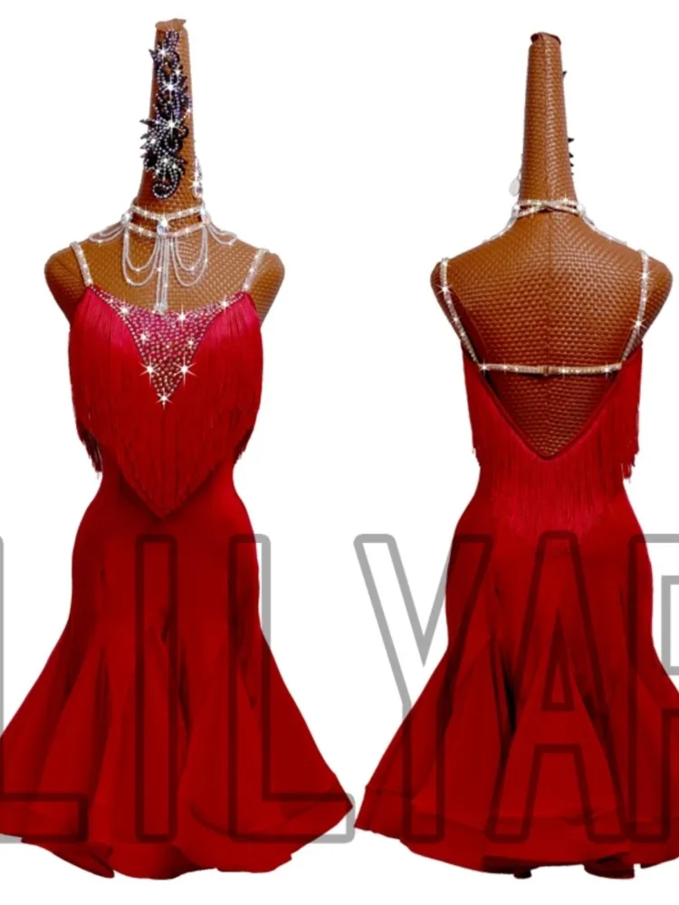 New Latin Dance Competition Suit Belt Denim Cha Cha bambini Adult Wine Red nappa senza maniche Backless Dress