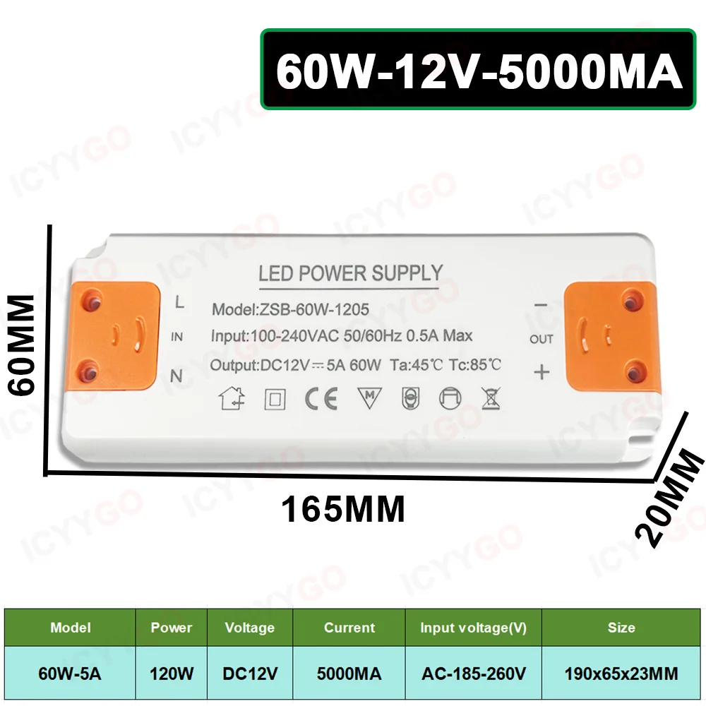 LED-voeding DC12V 12W 18W 24W 36W 60W 120W Verlichtingstransformator LED-voeding 1A 1,5A 2A 5A 10A voor LED-lichtstrip