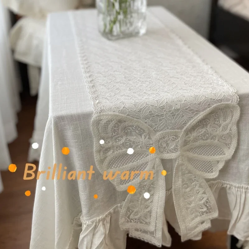 30*190cm Pink Lace Tablerunner Bow Cabinet Decorative Tablecloth French Elegant White Embroidered Diningtable Table Runner