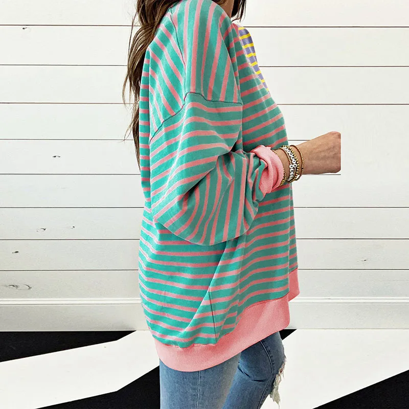 Casual Patchwork Contrast Striped Print Sweatshirts Women Fall O Neck Cotton Top Pullover Winter Full Sleeve Loose Hoodie Jumper