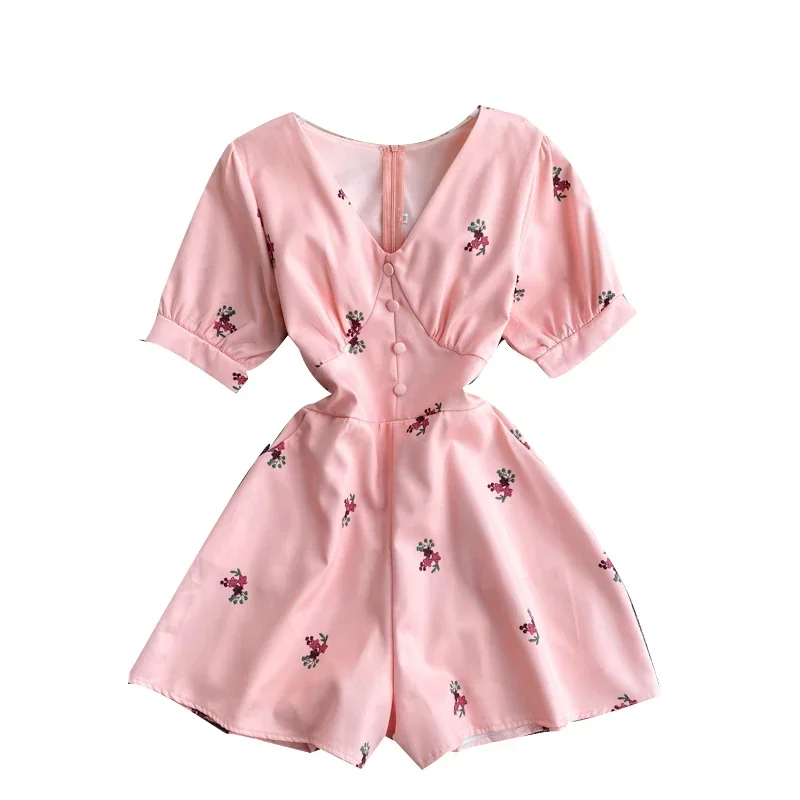 New Summer Women's Jumpsuit Korean Vacation Style V-neck Print High-waisted Wide-leg Jumpsuit New Female Slim Jumpsuits DE651