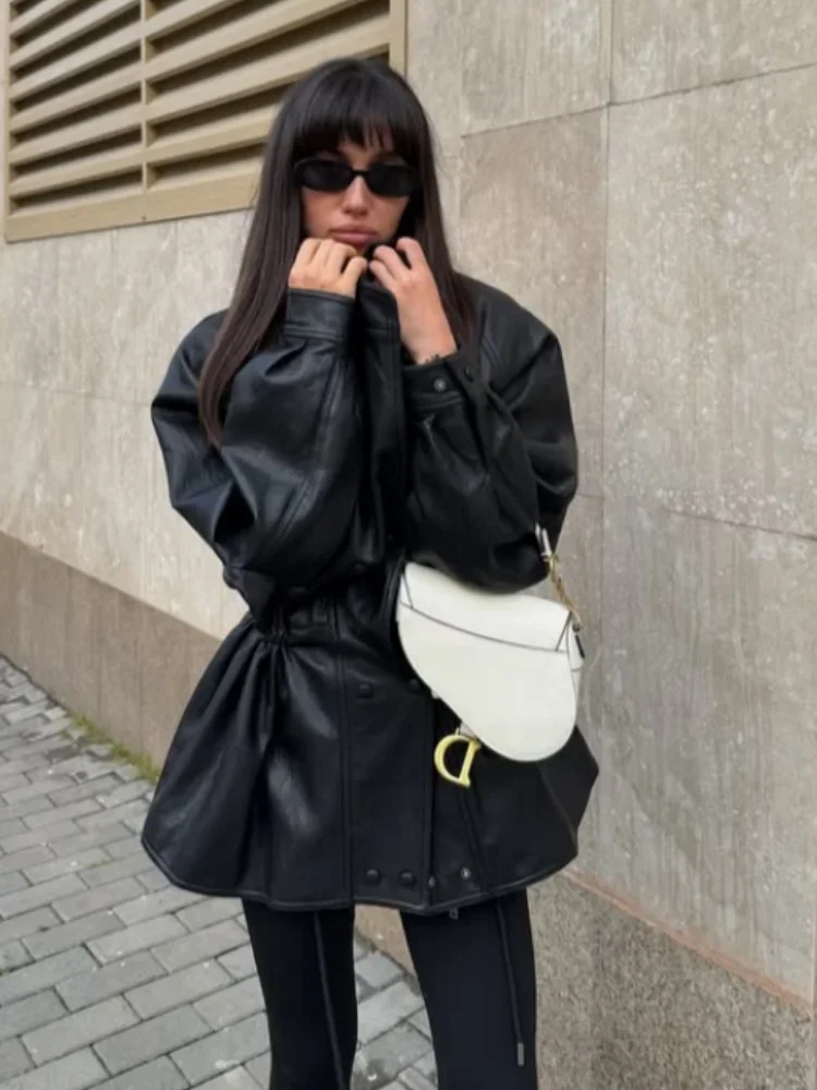 

Ретро-куртка женская кожаная короткая черная с воротником-стойкой, на молнии, с карманами, с завышенной талией, новая осенняя повседневная куртка для работы и учебы