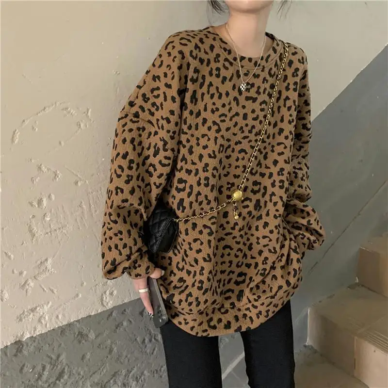 Trend Leopard Thick Loose Sweatshirts Femme Korean Pullover O-neck Long Sleeve T-Shirt Autumn Winter 2023 New All-match Top Tee