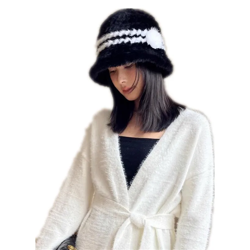 Women's Real Mink Fur Hat Autumn Winter Fashion Casual Striped Knitted Warm Cap for Female Bucket Hat