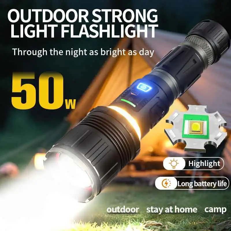

2025 НОВЫЙ фитиль 50 Вт, белый лазер, 5500 мАч, светодиодный фонарик, мощный светильник для кемпинга с кронштейном, фонарик с двойным источником света и 26800