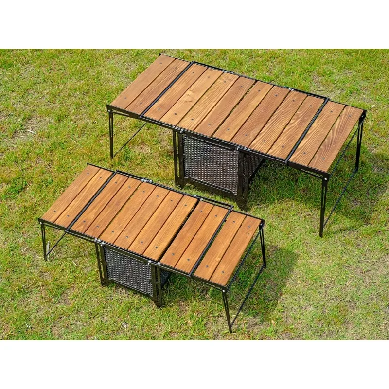 

Modern Portable Aluminum Metal Camping Table Outdoor Dining Kitchen Side Box Panel Wood Style Convertible Folding 2-Seater