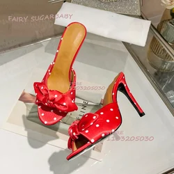 Rosso seta macchie bianche tacchi aperti donna estate giallo raso Peep pantofole tacchi a spillo Slingback fiocco bianco Casual ragazze scarpe da spiaggia