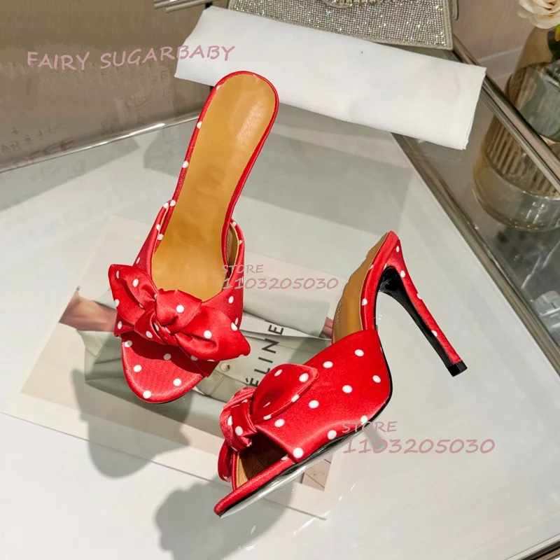 Red Silk White Spots Open Heels Women Summer Yellow Satin Peep Slippers Stilettos Slingback Bow White Casual Girls Beach Shoes