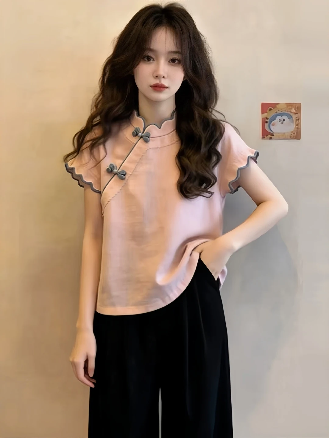

Retro Chinese Button up Short Sleeve Stand Collar Shirt Women Summer plus Size Pink Top Korean Style Commute Loose Fit Shirt
