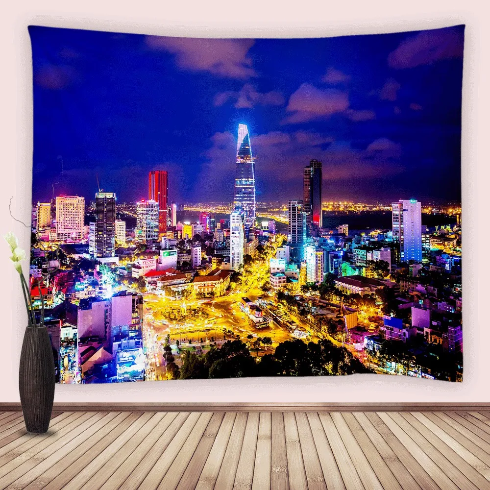 

City View Tapestry Wall Hanging Aesthetic Night Neon Modern Landscape Tapestries Art Decor for Bedroom Living Room College Dorm