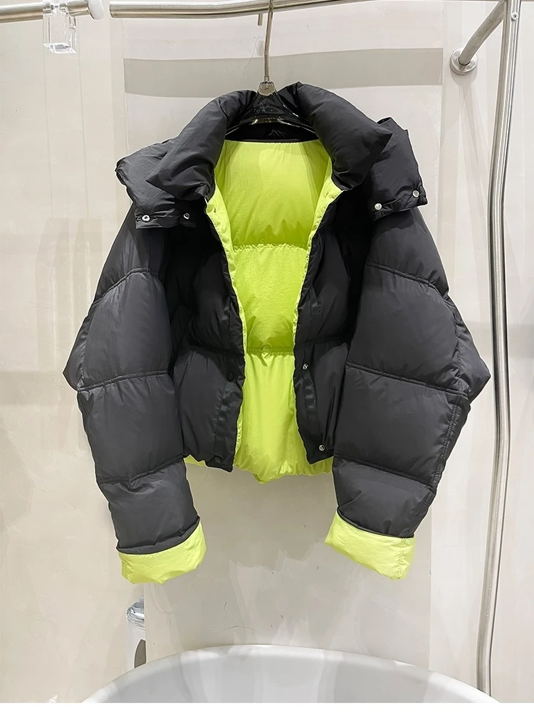 2024 Nieuwe Winter Contrasterende Kleur Capuchon Cropped Puffer Jack Vrouwen Tweezijdig Verdikte Witte Eend Naar Beneden Warm Brood Jas