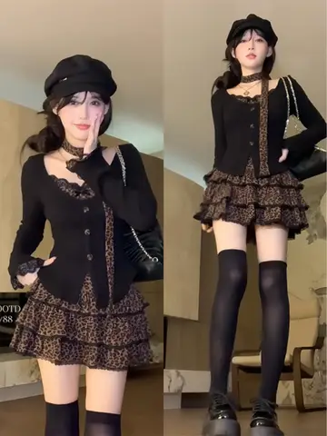 플러스 사이즈 섹시 퓨어 디자이어 가을 긴팔 새시 탑 레오파드 프린트 미니 스커트 투피스 세트 하이웨이스트 A라인 한국 스타일