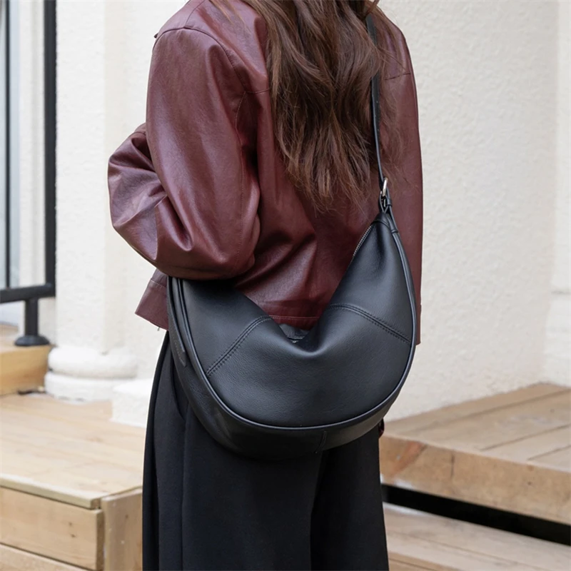 Hifashion خمر جلد طبيعي نصف القمر حقائب كتف للنساء 2025 الفاخرة مصمم Crossbody المتسوق المتشرد حقائب سيدات #4