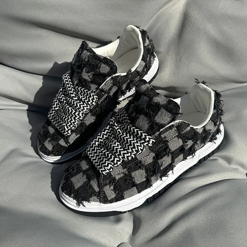 

luxury Fashionable retro fringed denim green checkered canvas shoes for men, sporty and casual shoes large size 47