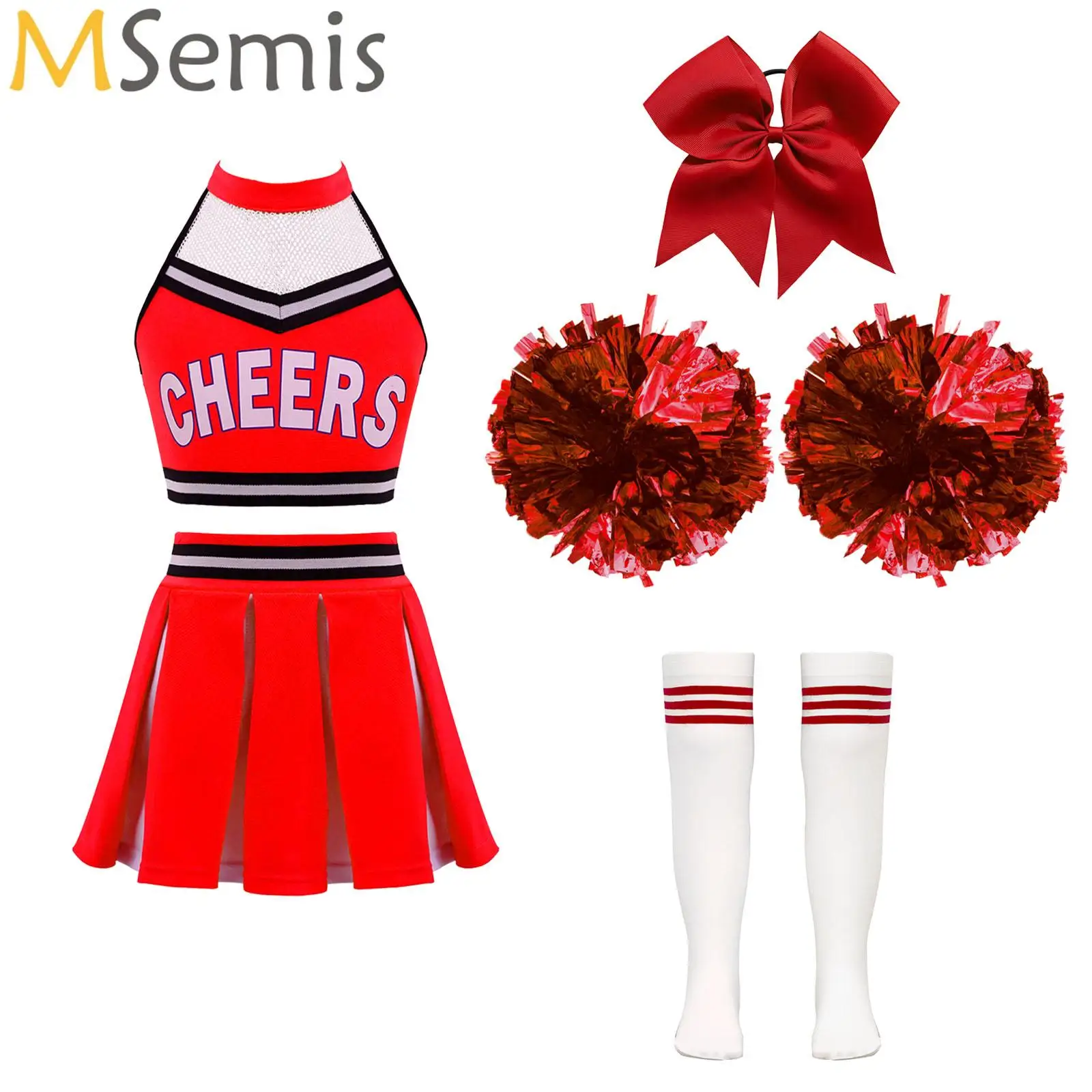 

Big Girls Cheerleading Outfits Letter Print Crop Top Pleated Skirt with Headwear Pompoms Socks Halloween Cheerleader Costume