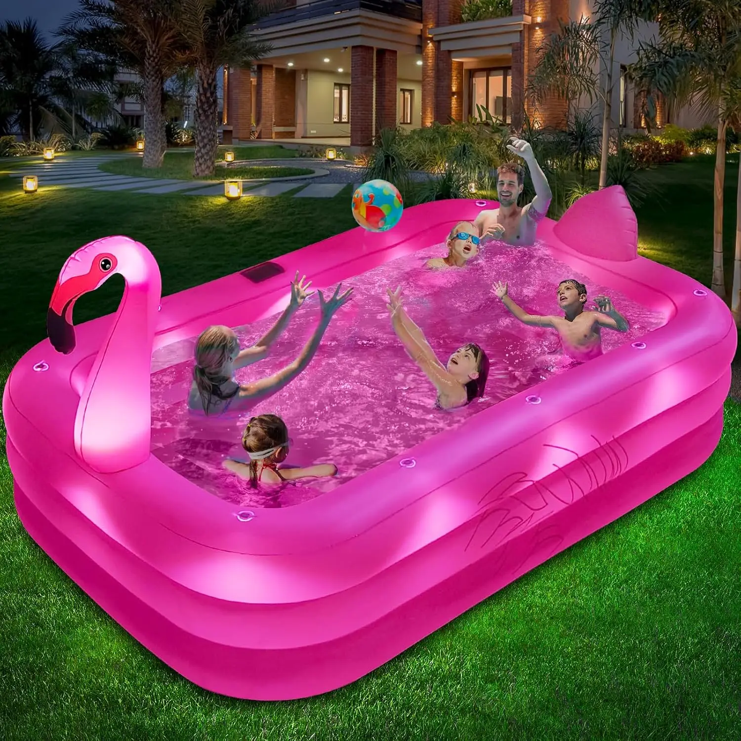 Inflatable Pool with Lights, 2024 Solar Flamingo Swimming Pool for Kids,Adults Inflatable Blow up Pool, Large Kiddie Pool, Durab