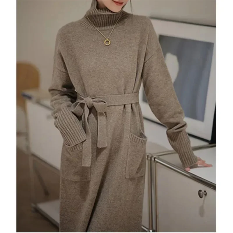 

Retro Turtleneck Sweater Dress Women Autumn Winter Long Knit Lace Up Pockets Dresses Female Sweater Vestidos Elegant Work