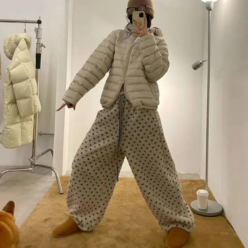 Love Polka Dots-broek Koreaanse herfst en winter Woon-werkverkeer Wollen geruite broek Losse rechte casual broek met trekkoord Nieuw