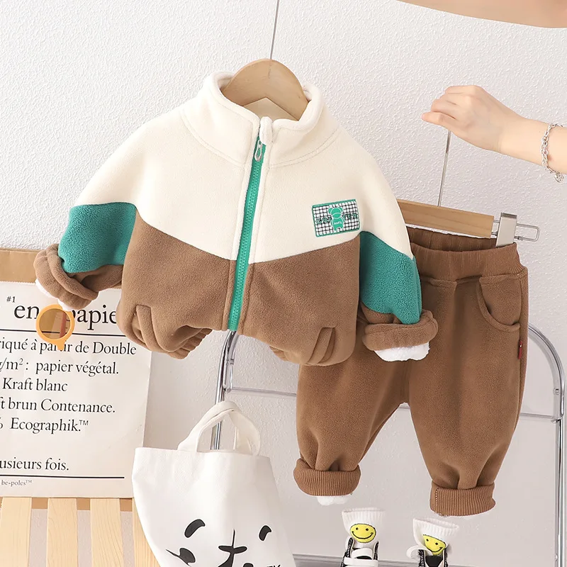 

Children's Autumn/Winter Plush Sweater Set Boys' Fashion Collision Color Cardigan Coat+Pants 2-piece Kids Casual Tracksuit 9M-6Y