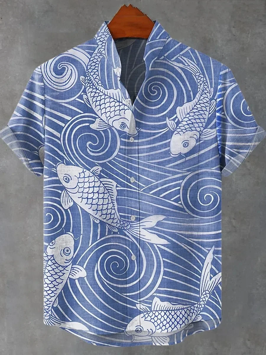 Men's Summer Retro Fish Pattern Art Shirt Casual Linen Short Sleeve Fishing Enthusiast Clothing Exquisite Shirt Street Trend