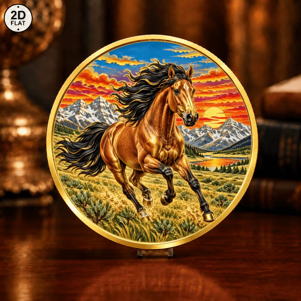 1pc American West Cowboy Challenge Coin UV Print Sunset Desert Mustang Horse Collectible Medal Gift for Western Art Collectors