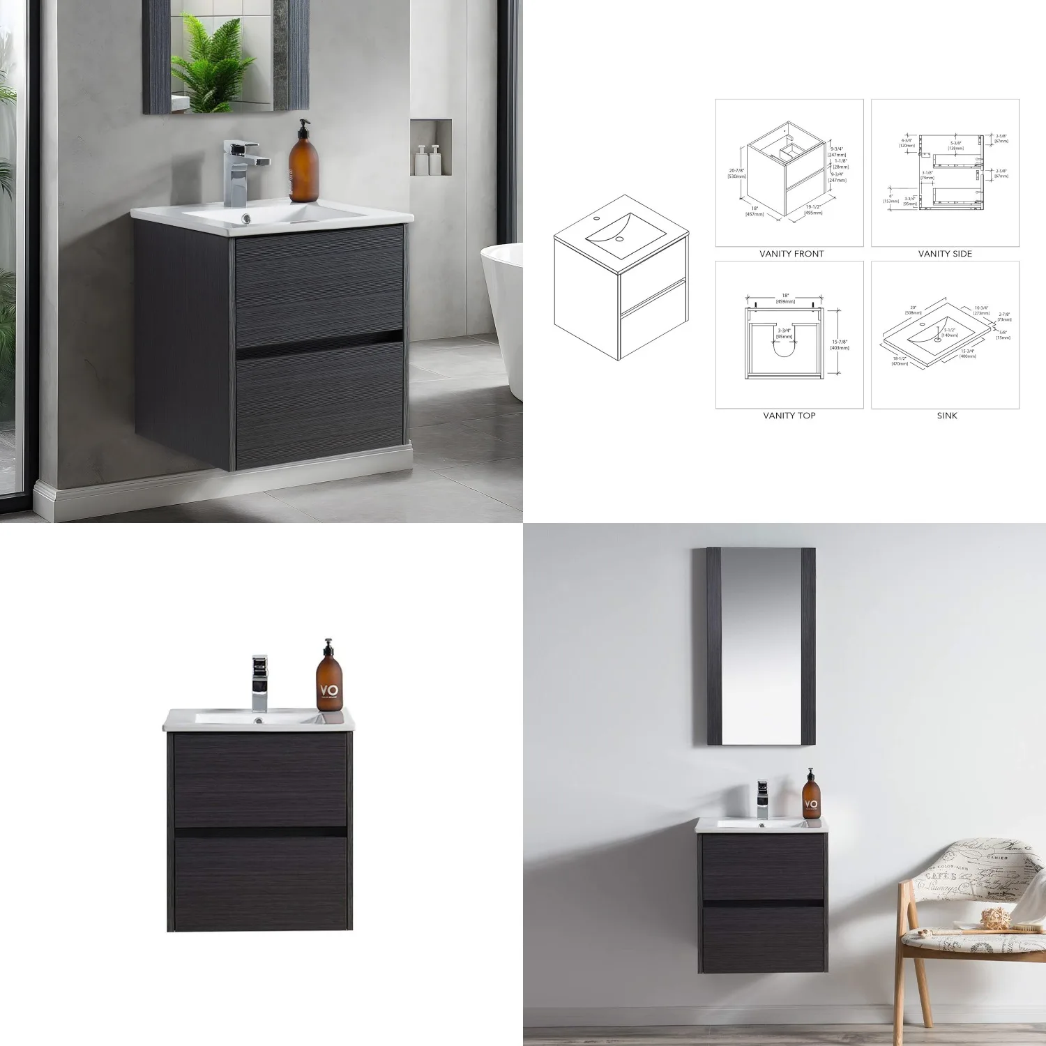 

20in Wall Mounted Bathroom Vanity Sink,Water Resistant Marine Plywood Small Space Modern Cabinet Grey,Customized