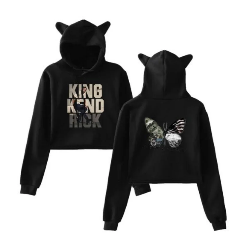 Kendrick Lamar Crop Top Hoodie Long Sleeve Harajuku Cropped Sweatshirt Kawaii Cat Ear Pullover Women Tops Streetwear Clothes