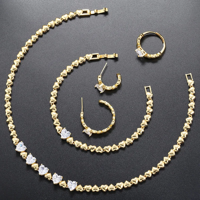 ZHUKOU heart jewelry sets Cubic zirconia heart connector bracelet for women Brass necklace fashion party Jewelry wholesale VE763