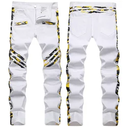 BB bralobdon men`s jeans 8828# Four seasons fashion brand white camouflage Europe station trend splicing elastic slim men jeans