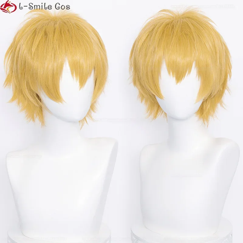 Anime Goudgeel/Oranje Gouden Denji Cosplay Pruik Anime 30Cm Korte Denji Pruiken Met Ogen Patch Rekwisieten Mannen Pruiken Pruik Cap