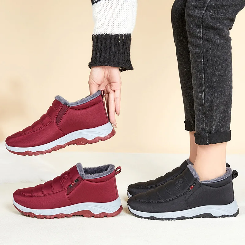 High quality short ankle snow cotton boots for women round toe thickening new 2023 winter casual plush warm shoe - black red