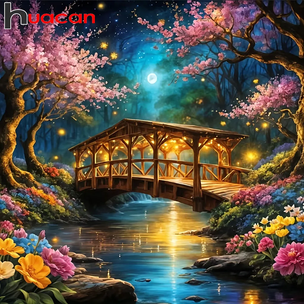 Huacan Volldiamantgemälde Brücke Fluss Blume Diamant Stickerei Landschaft Komplettset Heimdekoration