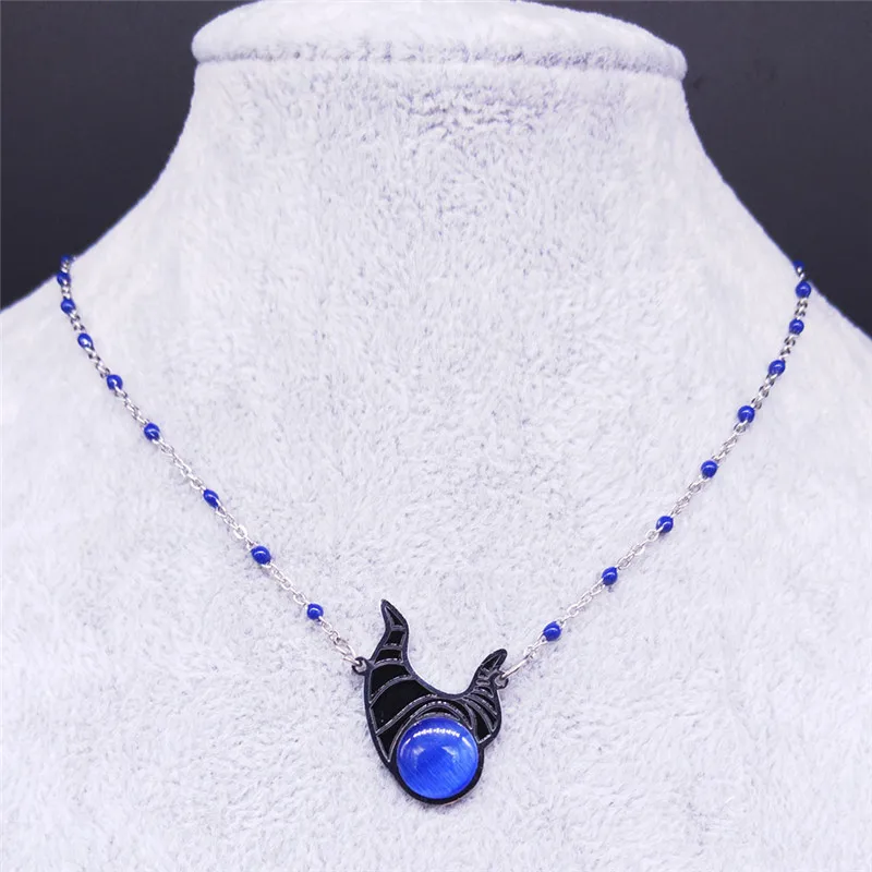 Maleficent Hexe Hörner Fee Patin Halskette Edelstahl Opal Stein Emaille Bösewicht Königin Halsketten Frauen Schmuck N3704 – Detail 7