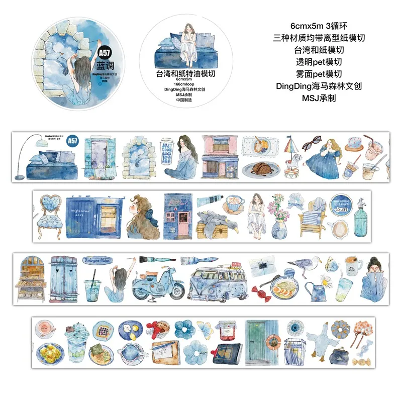 DingDing Studio Vintage Blue Melody Girl A57 Washi-Papierband für Kartenherstellung, DIY, Scrapbooking, Planung, dekorativer Aufkleber