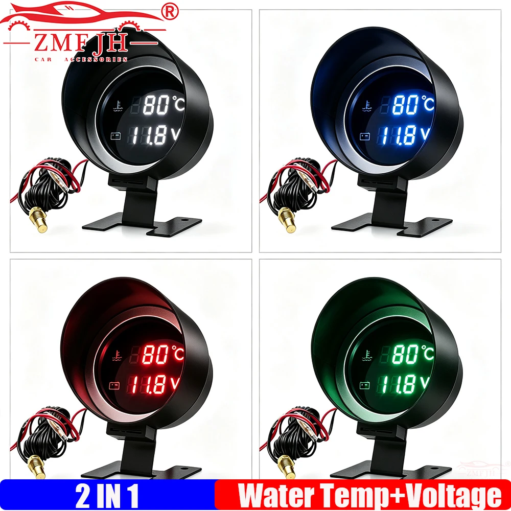 Car Digital Water Temperature+Voltage 2 IN 1 Dual Gauge with 1/8NPT Temp Sensor Blue,Red,Green, White LED Light Optional