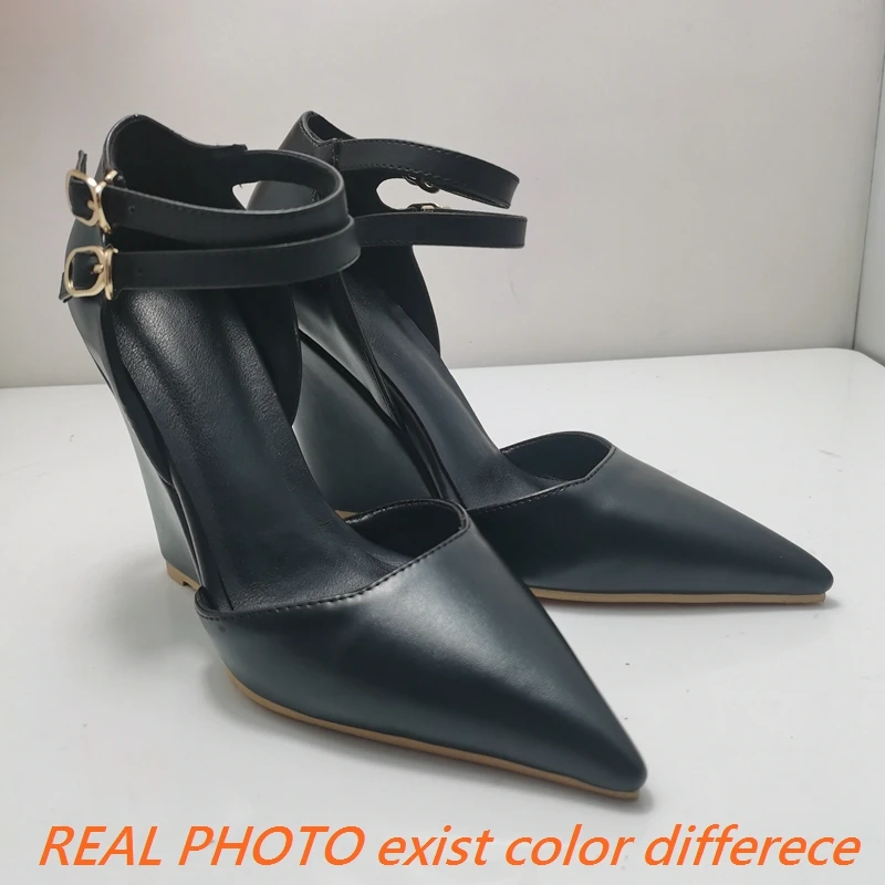 REAVE CAT Fashion Women Pumps Pointed Toe Wedges High Heel Buckle Straps 45 46 Sexy Janes Shoes