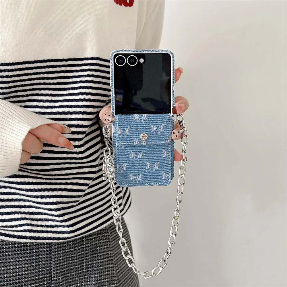 

Korean INS fashion denim cute bow with card holder phone case for Samsung Galaxy Z Flip 7 Z Flip 5 flip 6 cover shockproof Cases