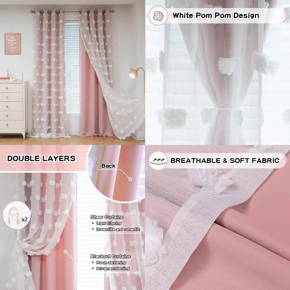 

Girls' 84-Inch Blackout Curtains with Double Layer and Pom Pom Sheer Overlay for Nursery and Toddler Rooms
