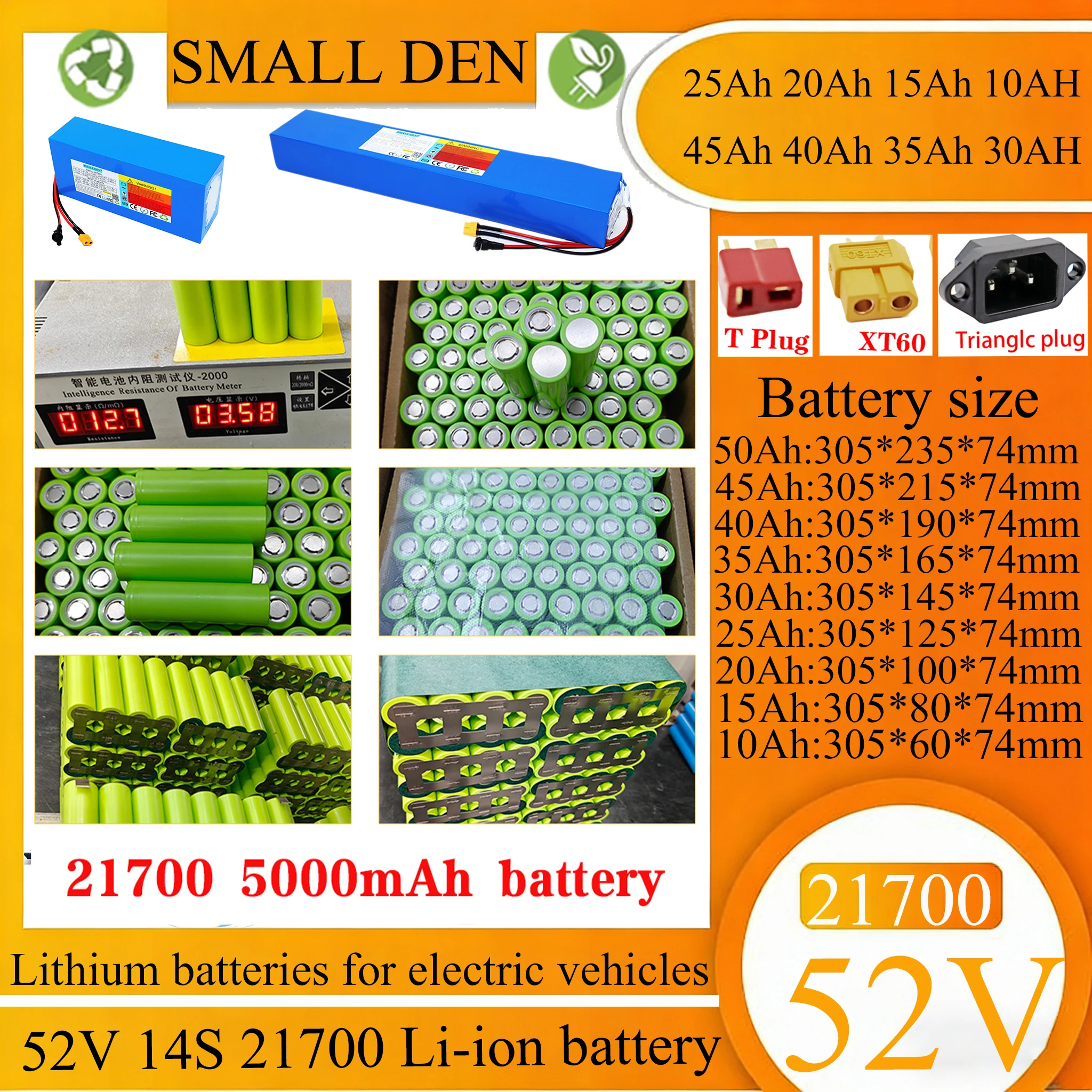 New 52V 50AH 45AH 40AH 35AH 30AH 25AH 20AH 15AH 10AH 21700 lithium battery pack with 0-2000w high-power motor equipped with BMS