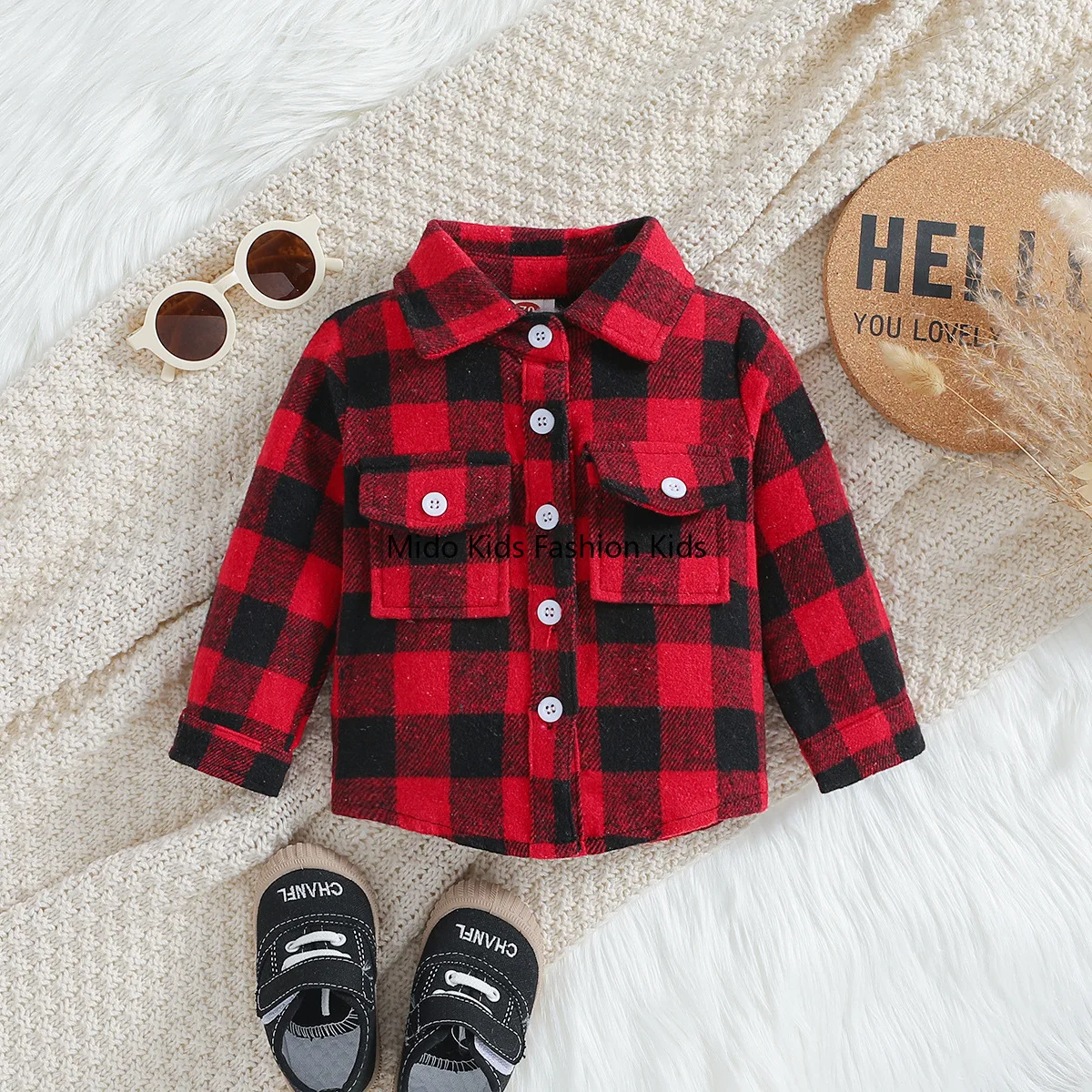 Boys' Girls' Long-Sleeved Shirts Spring/Autumn New Arrivals Children's Wear Stylish Red Check Shirt Mid-Length Cardigan Jacket