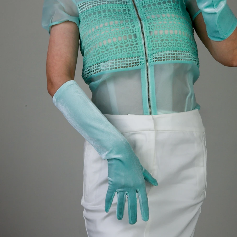 60 cm lange Samthandschuhe für Damen, elastischer Velours, Flanell, lila, thermisch, elegante Armstulpen, sexy Vintage-Mode, 1920er Abendmode – Detail 10