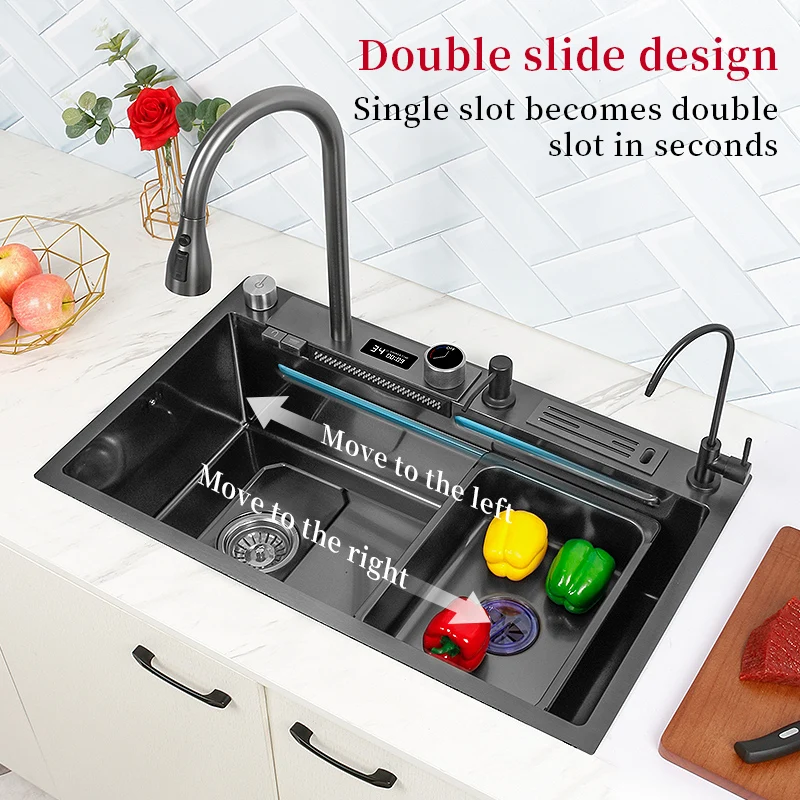 Kitchen Sink 304 Stainless Steel Nano Black Large Single Bowl Waterfall Faucet Left Side Drainage