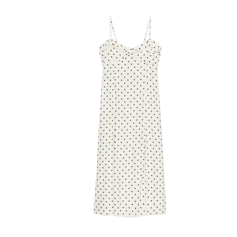 Vestido Midi F de Verão com Estampa de Poá, Decote em V, Decoração em Camadas, Linho Misto, Laço Borboleta, Cintura Al...