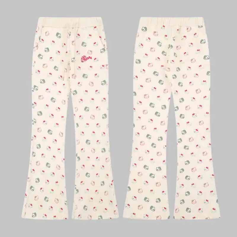 Anime hellokitty mulher roupas jovens mulheres cintura elástica calças planas estilo bonito calças casuais outono roupas femininas