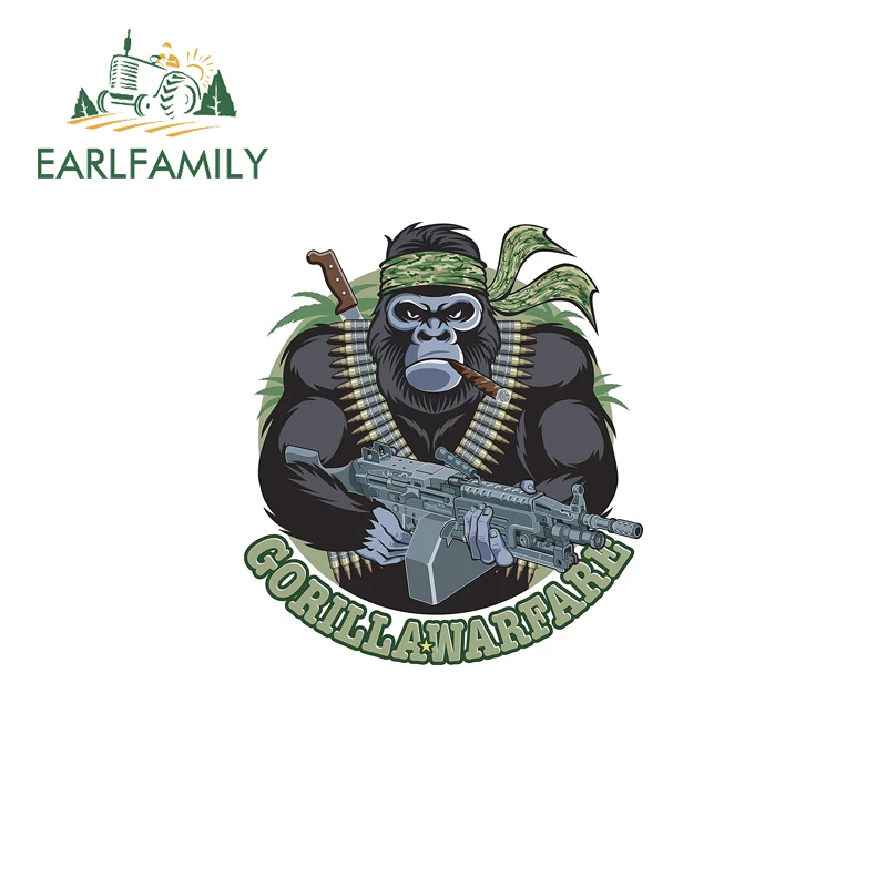 

Наклейки на лобовое стекло EARLFAMILY Cool Gorilla Ape Warrior с изображением гориллы-воина с пулеметом, мультяшный грузовик, подходят для декора автомобиля