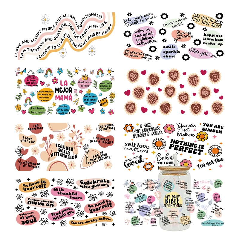 ملصقات نقل مطبوعة ثلاثية الأبعاد للأشعة فوق البنفسجية DTF للمعلم والماما، أغطية أكواب سعة 16 أونصة لجلد معدني من السيراميك والزجاج وما إلى ذلك. د26612