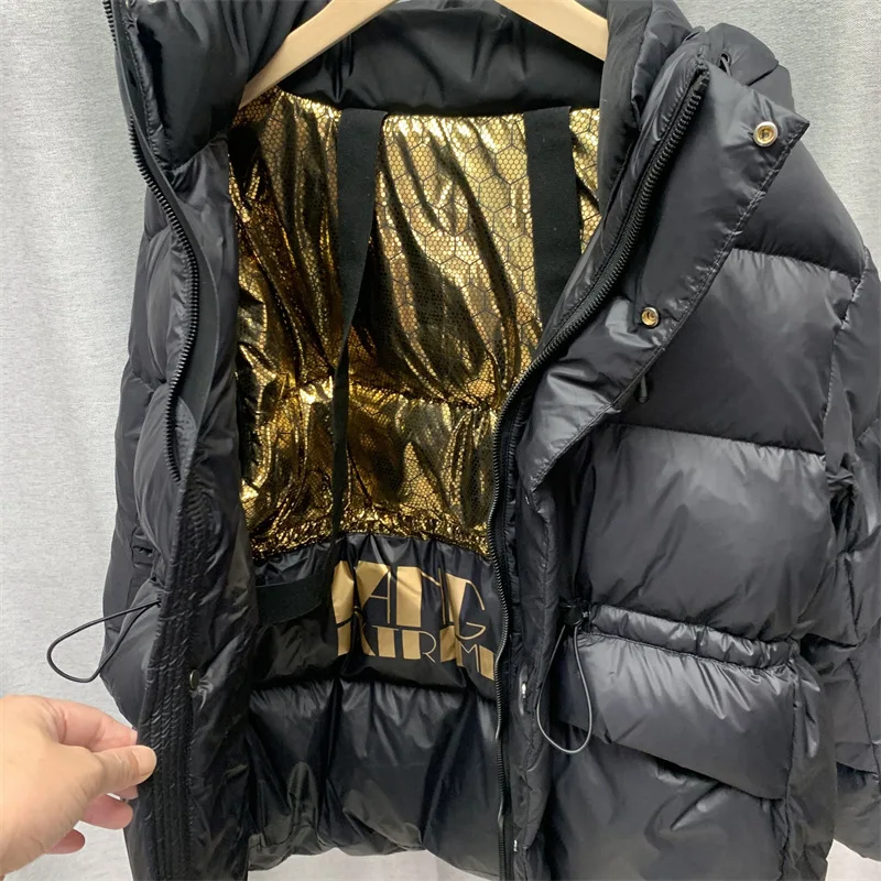 2023 New Korean Black Gold 90% White Duck Down Jacket Women Winter Warm Thicken Hooded Coats Loose Casual Female Down Outerwear