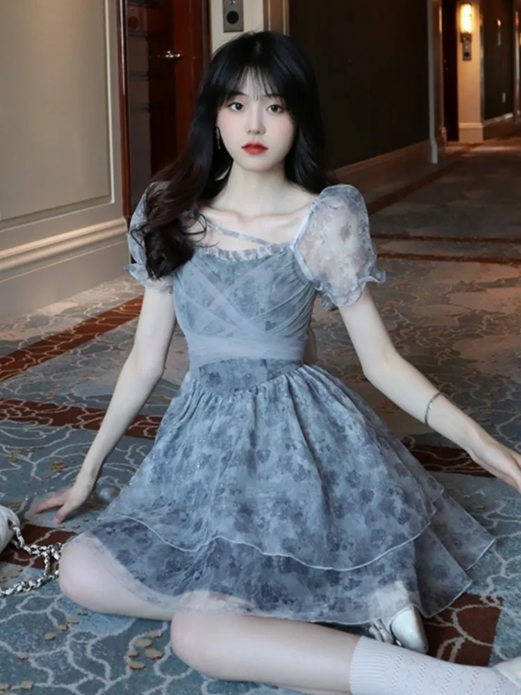 Kawaii หวานชุดลําลองมินิผู้หญิงใหม่แฟชั่น Chic ดอกไม้พิมพ์แขนสั้นชีฟอง Elegant Princess Party A-Line Vestidos