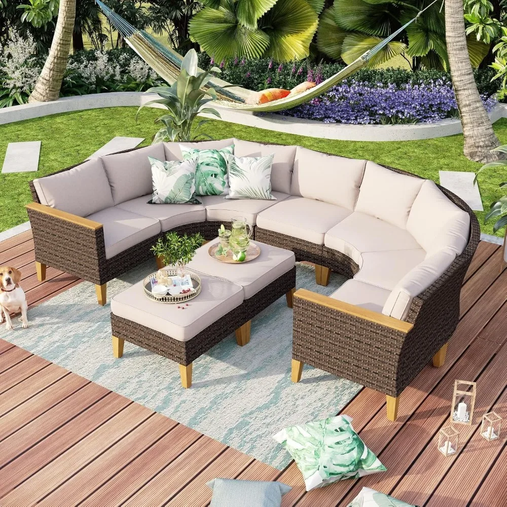 

9 Pieces Wicker Patio Furniture Set, All-Weather Rattan Outdoor Half-Moon Curved Sectional Sofa Set for Garden, Backyard