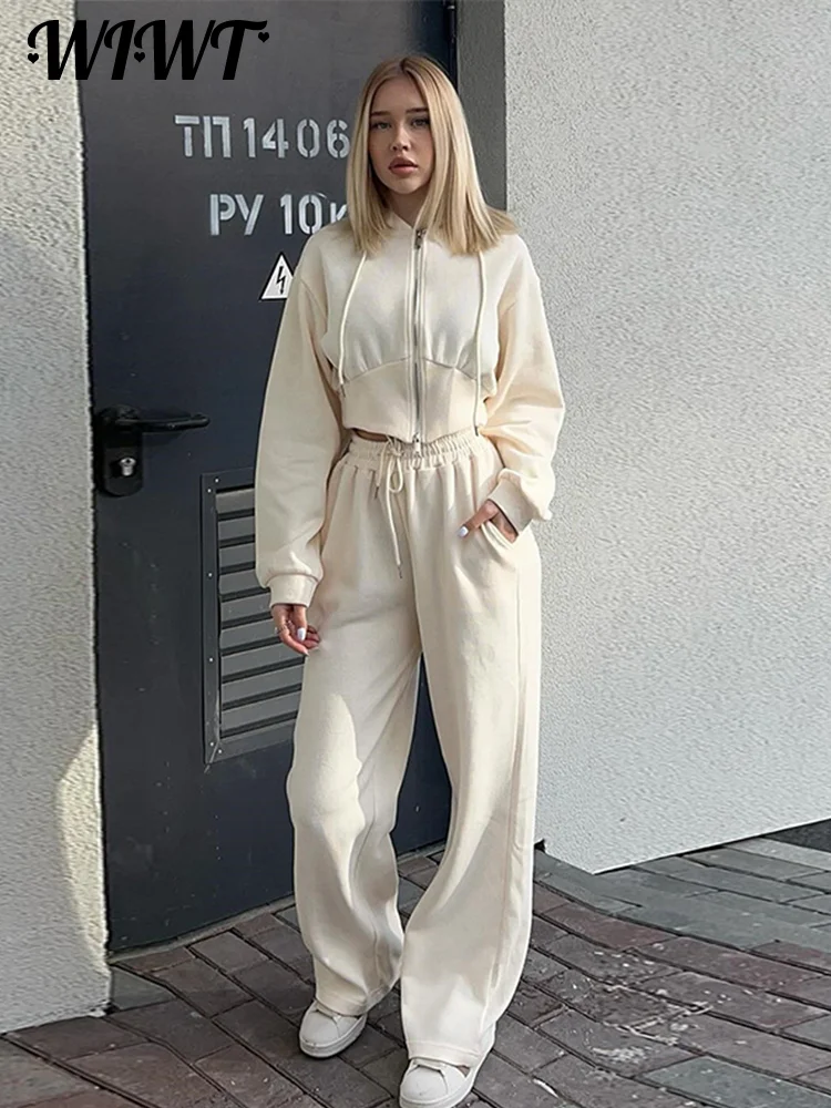 Casual Solid Hoodies Pants Set Women Long Sleeve Zipper Short Sweatshirt Loose Drawstring Trouser 2024 Autumn New Lady Tracksuit